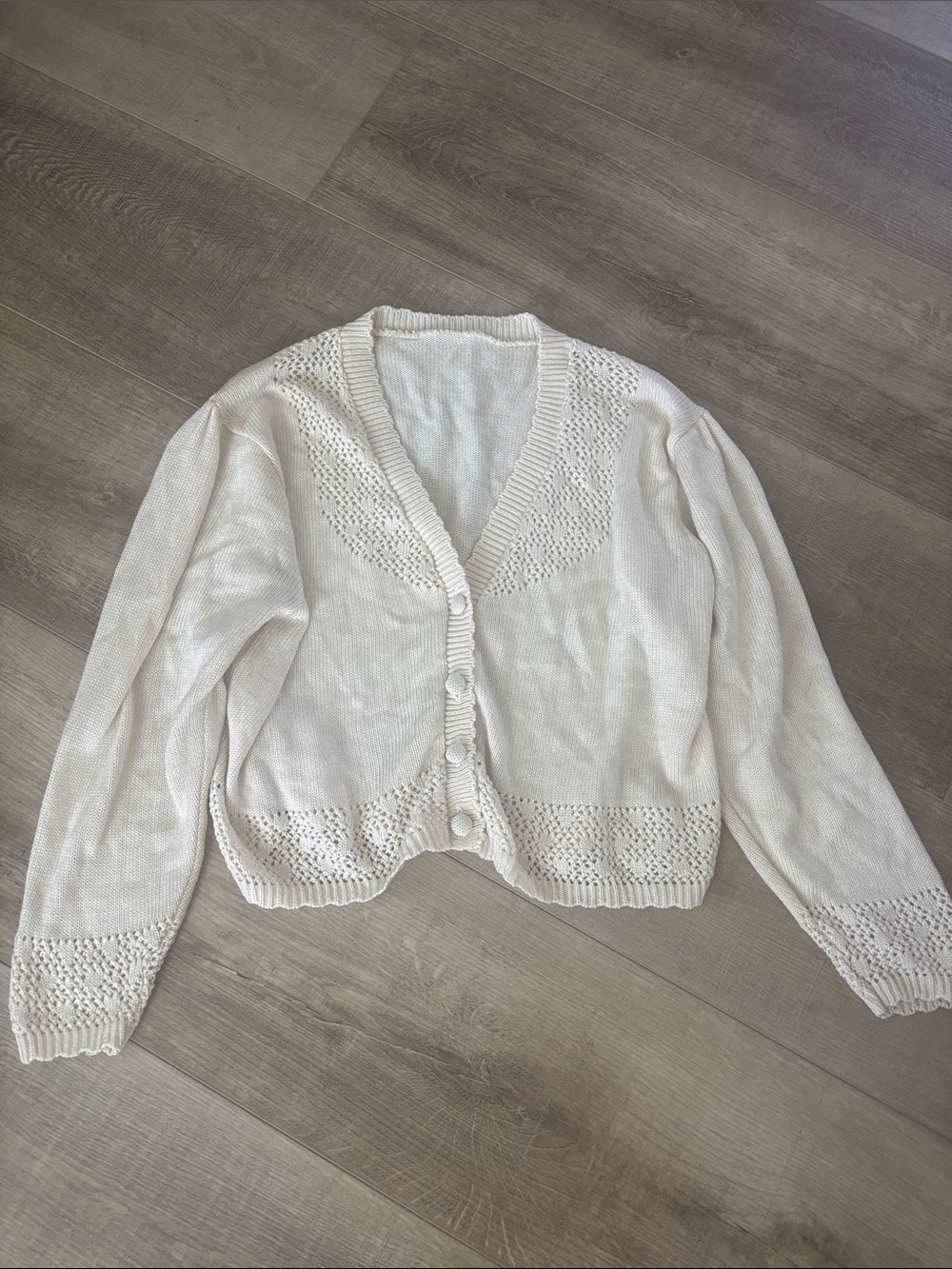 Cream Openwork Trim V-Neck Button Cardigan